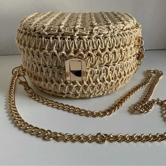 Haute Hippie Woven Raffia/Straw Crossbody Bag Gold Chain Strap - Picture 8 of 16